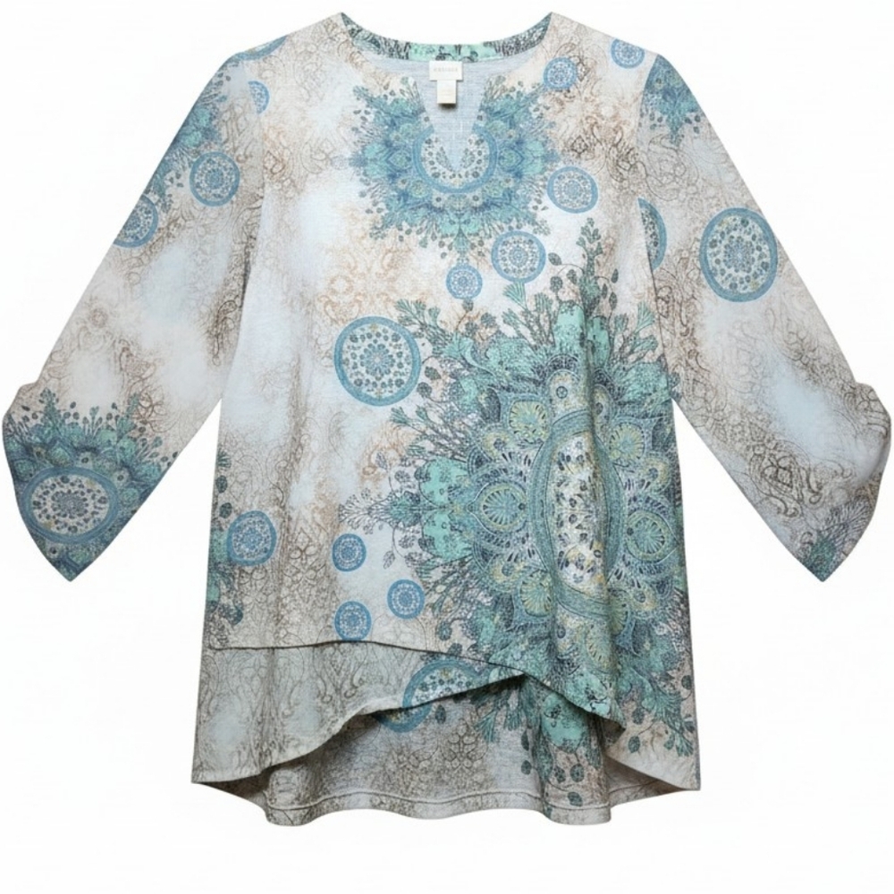CHICO'S | Boho Blue Cream Mandala Print V-Neck Hi Low Flowy‎ Tunic Top | L 12
